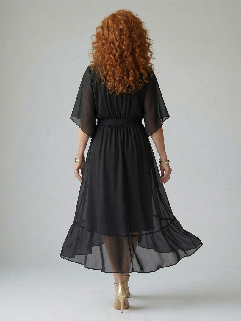 Petrona | Vestido Midi Drapeado con Cinturón y Manga Codo