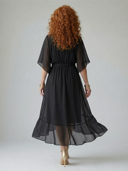Petrona | Vestido Midi Drapeado con Cinturón y Manga Codo