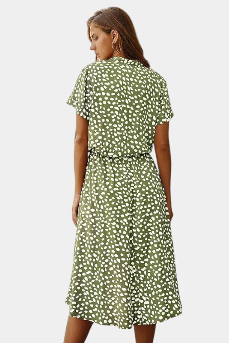 Rovena | Vestido Midi de Lunares con Cuello Camisero y Cintura Ajustable