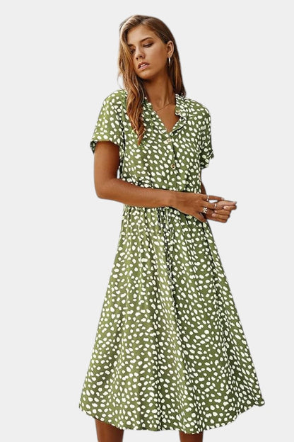 Rovena | Vestido Midi de Lunares con Cuello Camisero y Cintura Ajustable