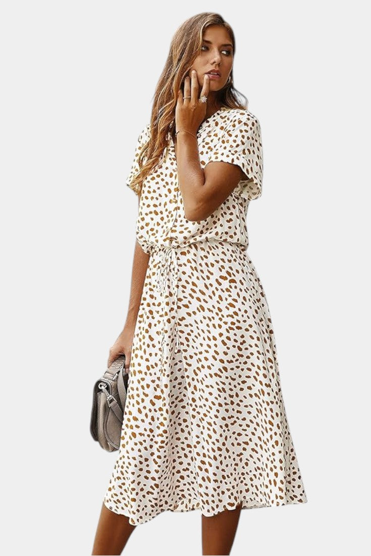Rovena | Vestido Midi de Lunares con Cuello Camisero y Cintura Ajustable