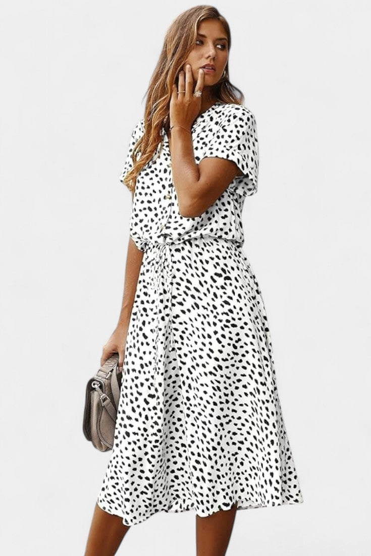 Rovena | Vestido Midi de Lunares con Cuello Camisero y Cintura Ajustable