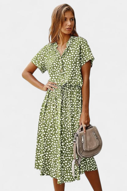 Rovena | Vestido Midi de Lunares con Cuello Camisero y Cintura Ajustable