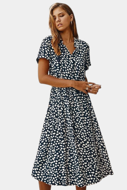 Rovena | Vestido Midi de Lunares con Cuello Camisero y Cintura Ajustable