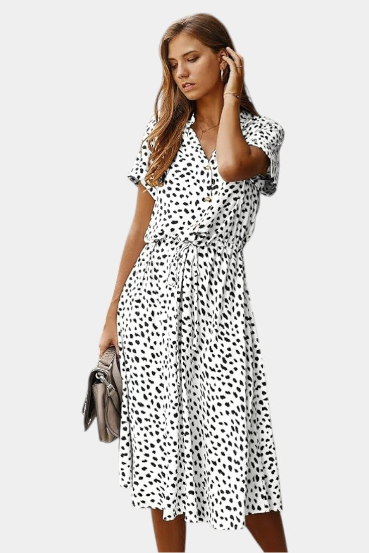 Rovena | Vestido Midi de Lunares con Cuello Camisero y Cintura Ajustable