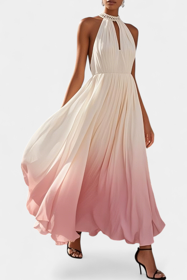 Starla | Vestido Maxi Halter Plisado con Detalles de Perlas