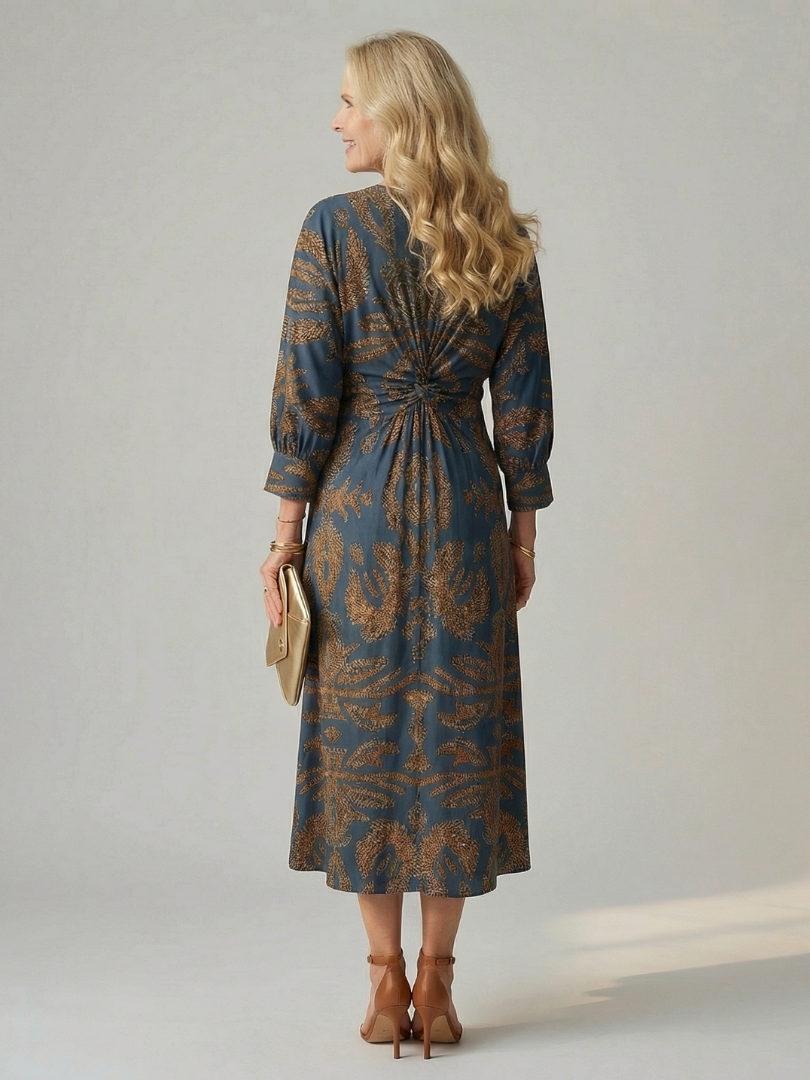 Luna | Vestido Midi Cruzado de Manga Larga con Estampado Natural