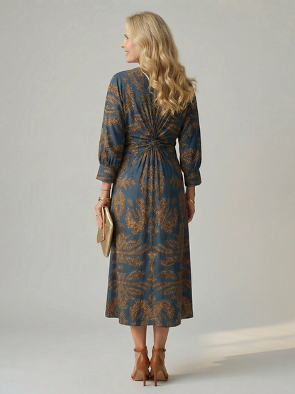 Luna | Vestido Midi Cruzado de Manga Larga con Estampado Natural