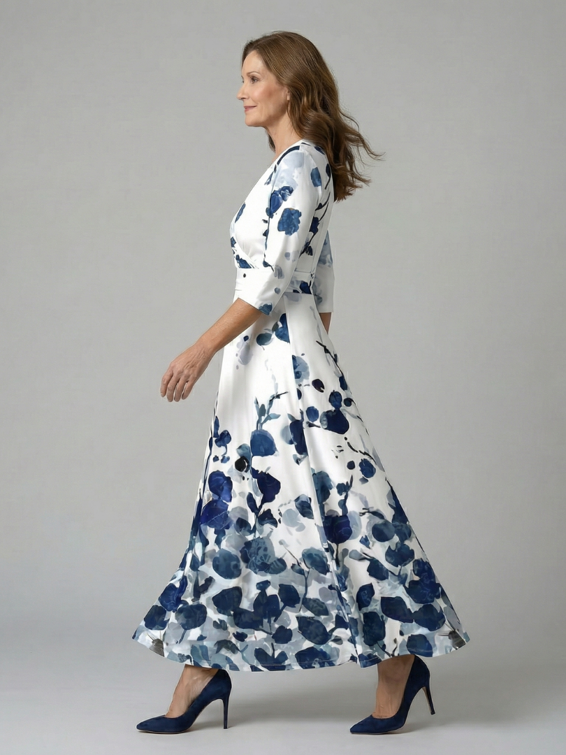 Trini | Vestido Midi Floral con Escote Cruzado y Manga Tres Cuartos