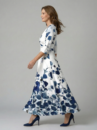 Trini | Vestido Midi Floral con Escote Cruzado y Manga Tres Cuartos