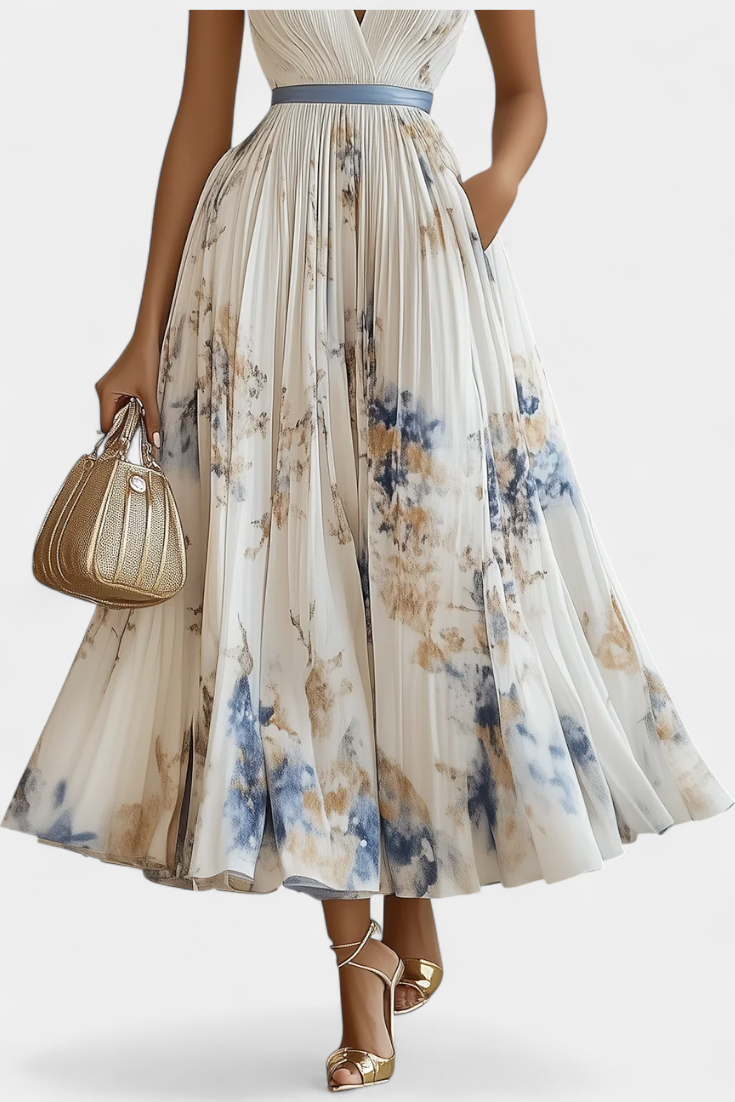 Elise | Vestido Midi Sin Mangas con Estampado Floral y Plisado