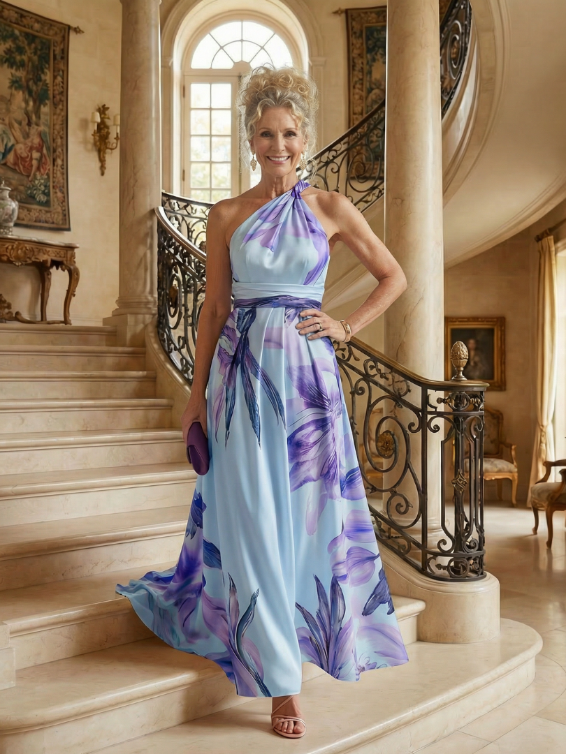 Amiela | Vestido Maxi Halter con Estampado Floral Grande