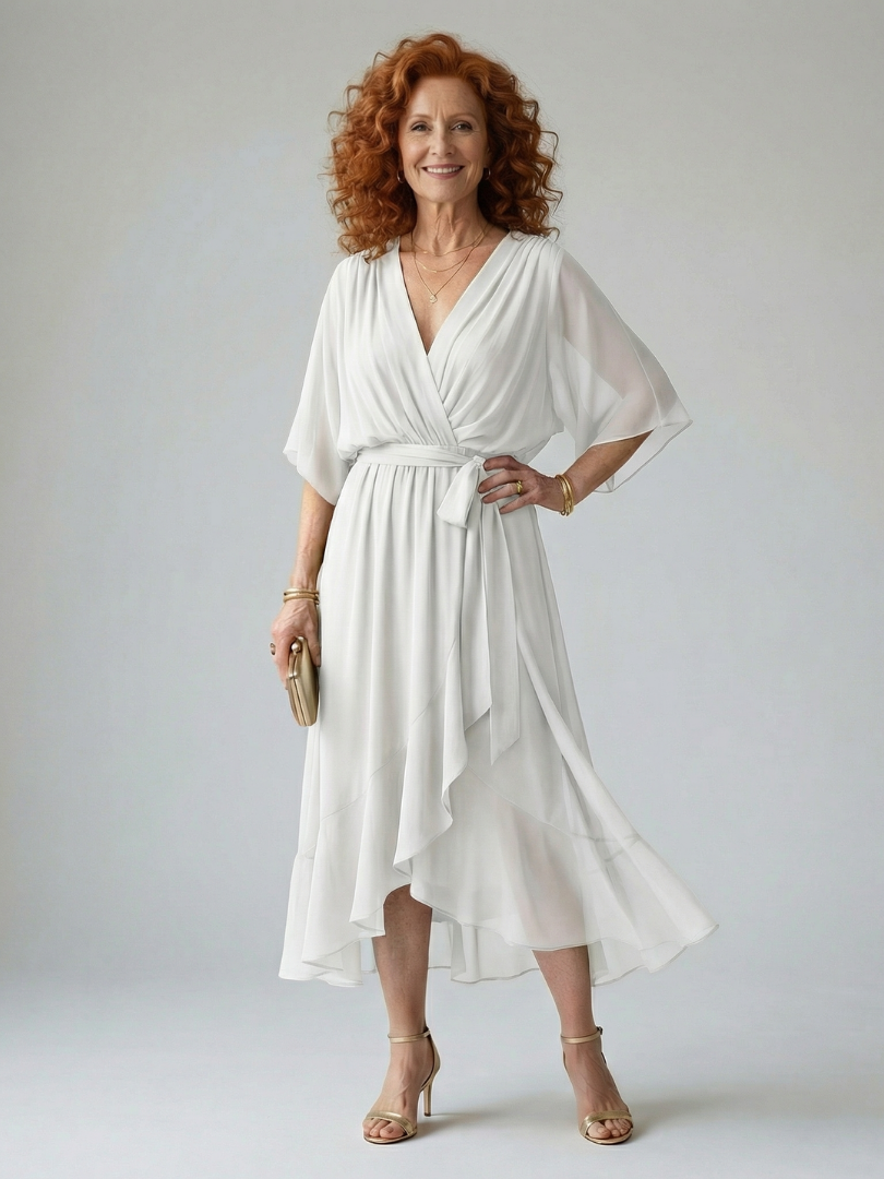 Petrona | Vestido Midi Drapeado con Cinturón y Manga Codo