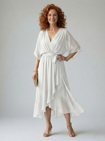 Petrona | Vestido Midi Drapeado con Cinturón y Manga Codo