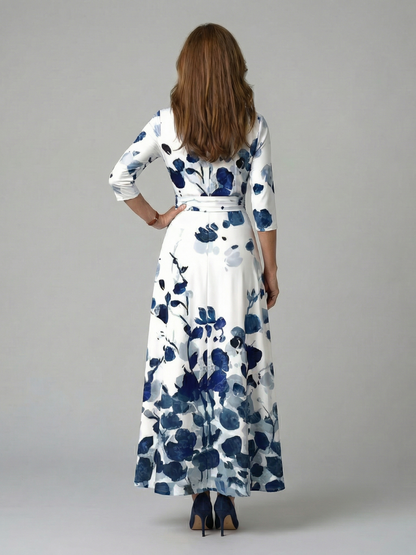 Trini | Vestido Midi Floral con Escote Cruzado y Manga Tres Cuartos