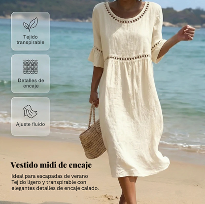 Carmela | Vestido Midi de Lino con Cuello Redondo y Manga Volante
