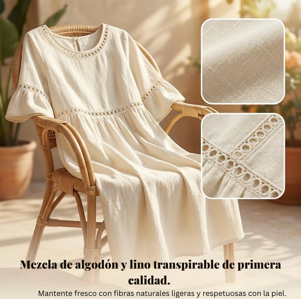 Carmela | Vestido Midi de Lino con Cuello Redondo y Manga Volante