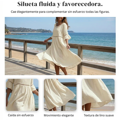 Carmela | Vestido Midi de Lino con Cuello Redondo y Manga Volante