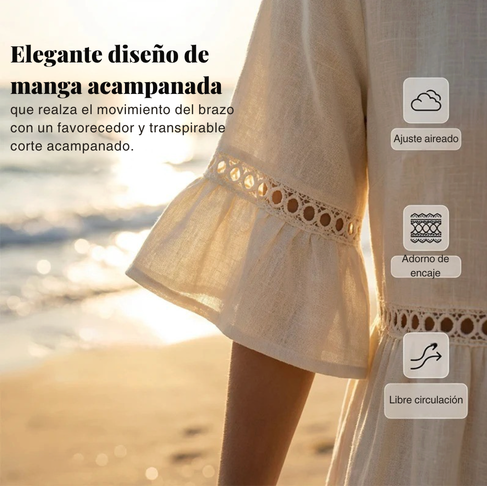 Carmela | Vestido Midi de Lino con Cuello Redondo y Manga Volante