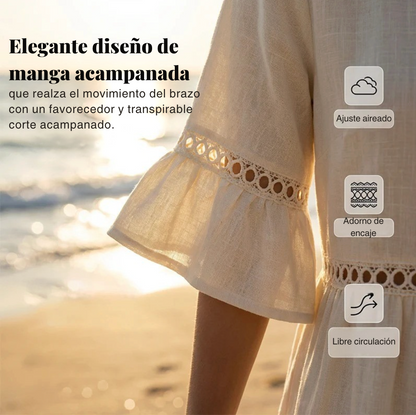 Carmela | Vestido Midi de Lino con Cuello Redondo y Manga Volante