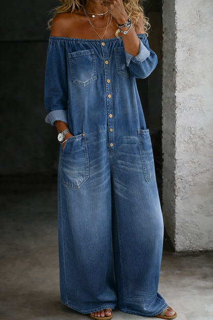 Camila-Sara | Mono vaquero off-shoulder de manga larga
