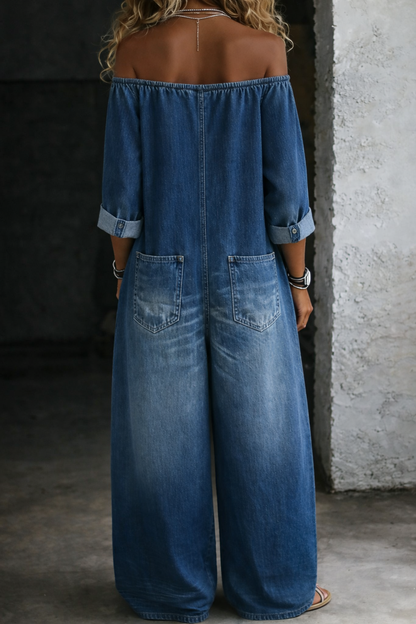 Camila-Sara | Mono vaquero off-shoulder de manga larga