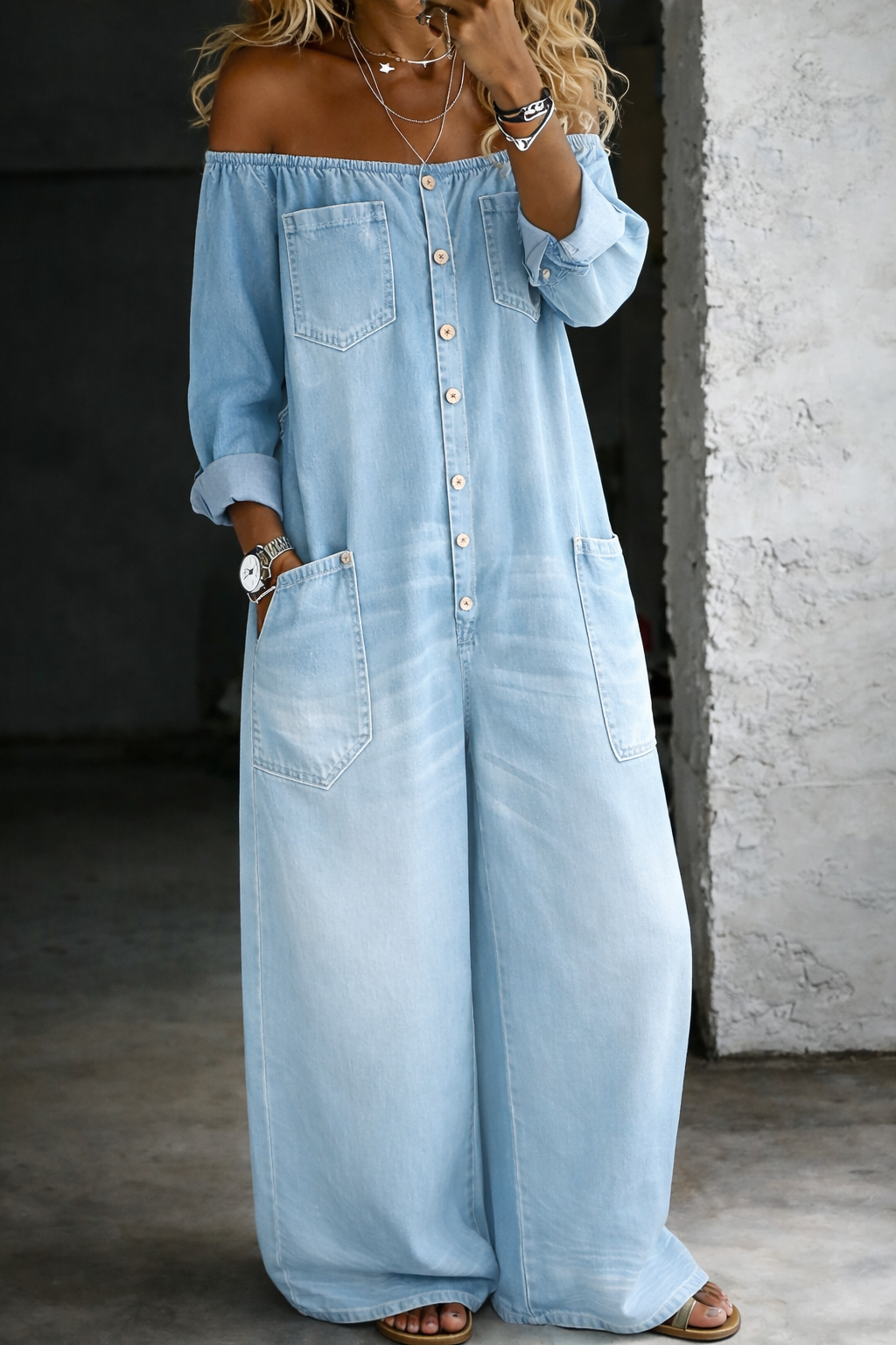 Camila-Sara | Mono vaquero off-shoulder de manga larga