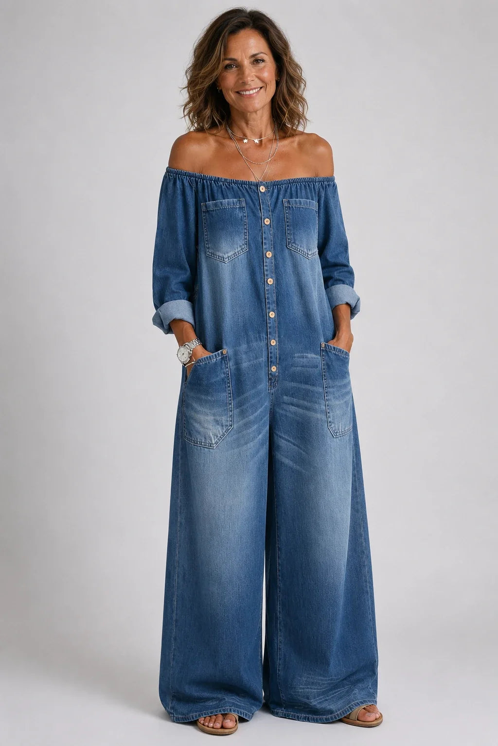 Camila-Sara | Mono vaquero off-shoulder de manga larga