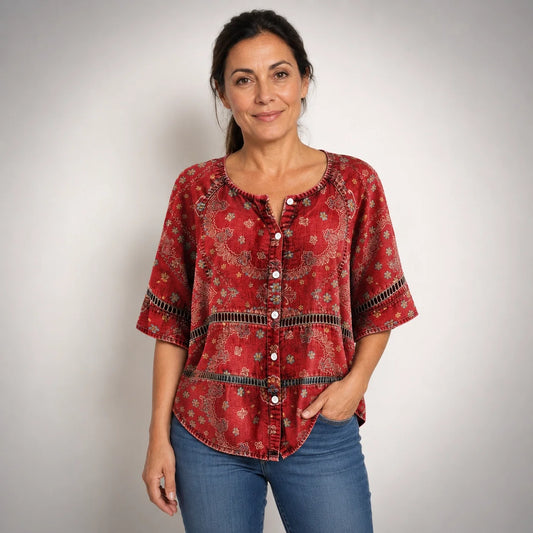 Guadalupe | Camisa Vintage con Estampado Étnico de Manga Tres Cuartos