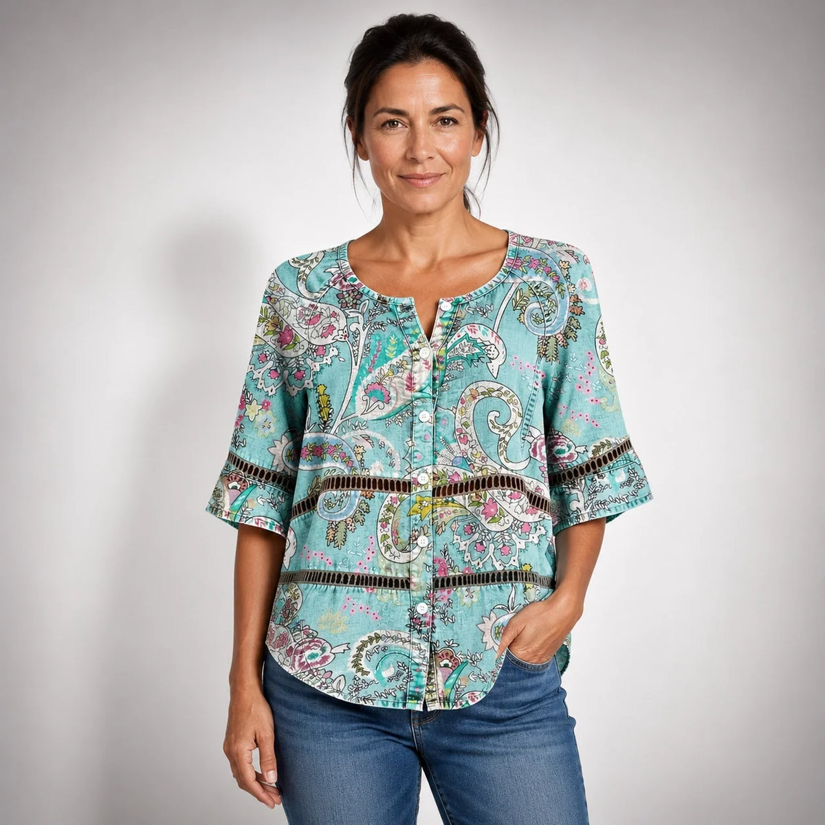 Vilma | Camisa Vintage con Estampado Paisley y Manga Tres Cuartos