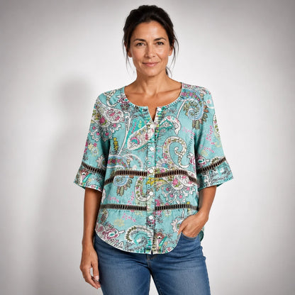 Vilma | Camisa Vintage con Estampado Paisley y Manga Tres Cuartos