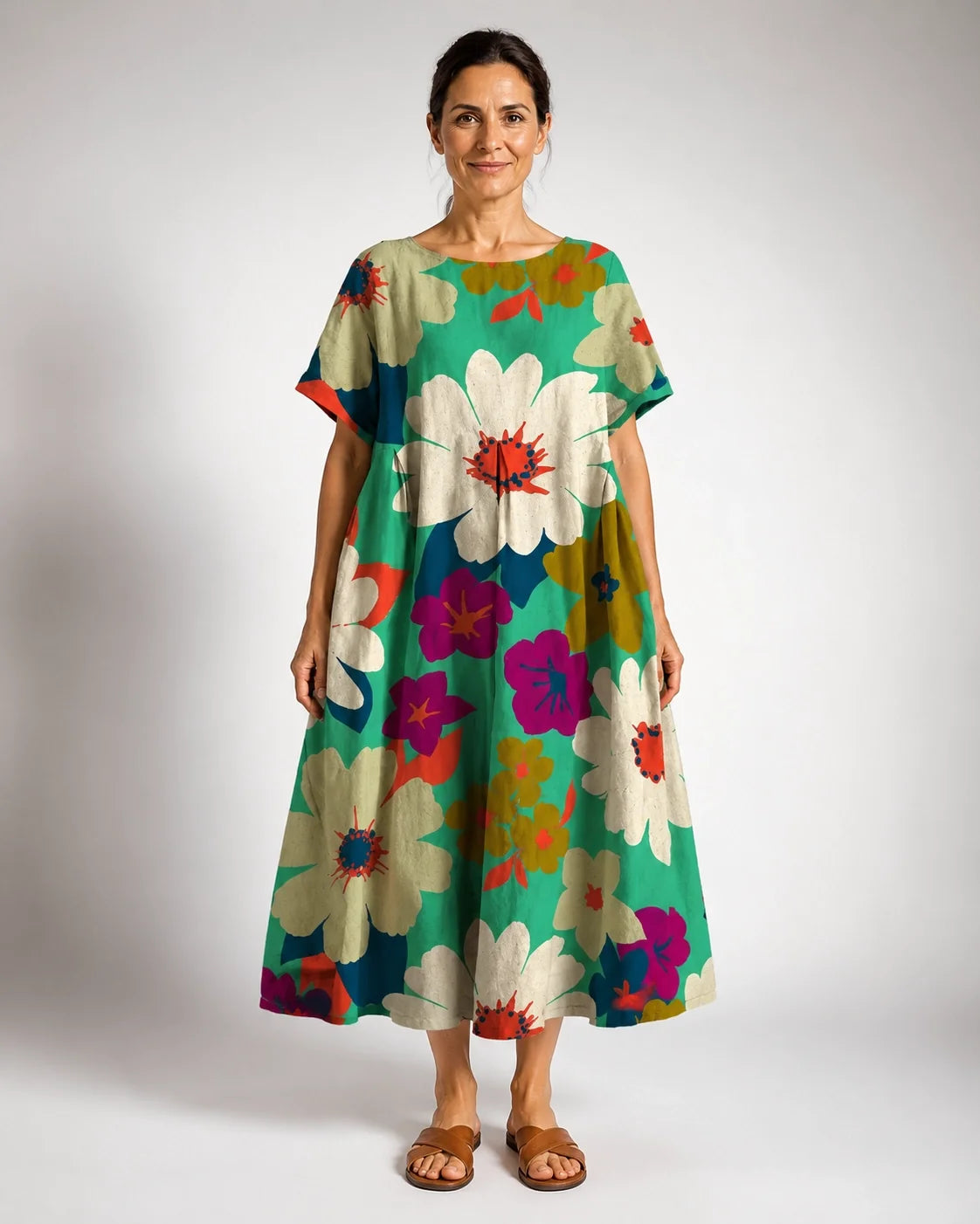 Visitación | Vestido Amplio Floral Verde Salvia