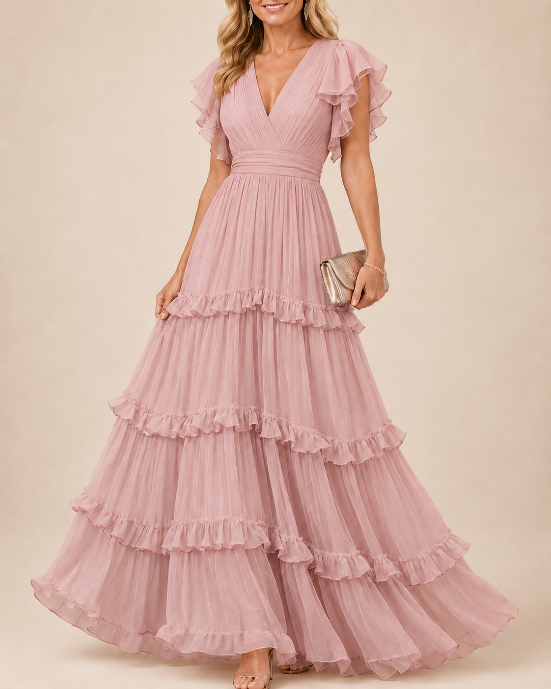 Rosalía | Vestido Maxi Rosa Empolvado con Escote en V