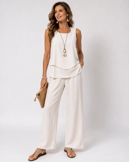 Anastasia | Conjunto Crema Satinado Top en Capas y Pantalón