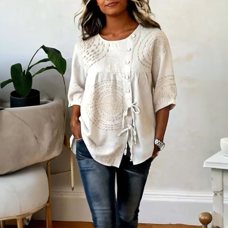 Remedios | Blusa Vintage con Cordones y Estampado Artesanal
