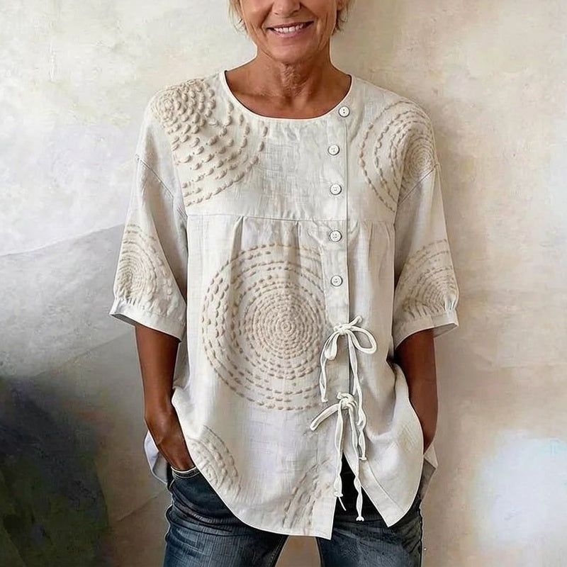 Remedios | Blusa Vintage con Cordones y Estampado Artesanal