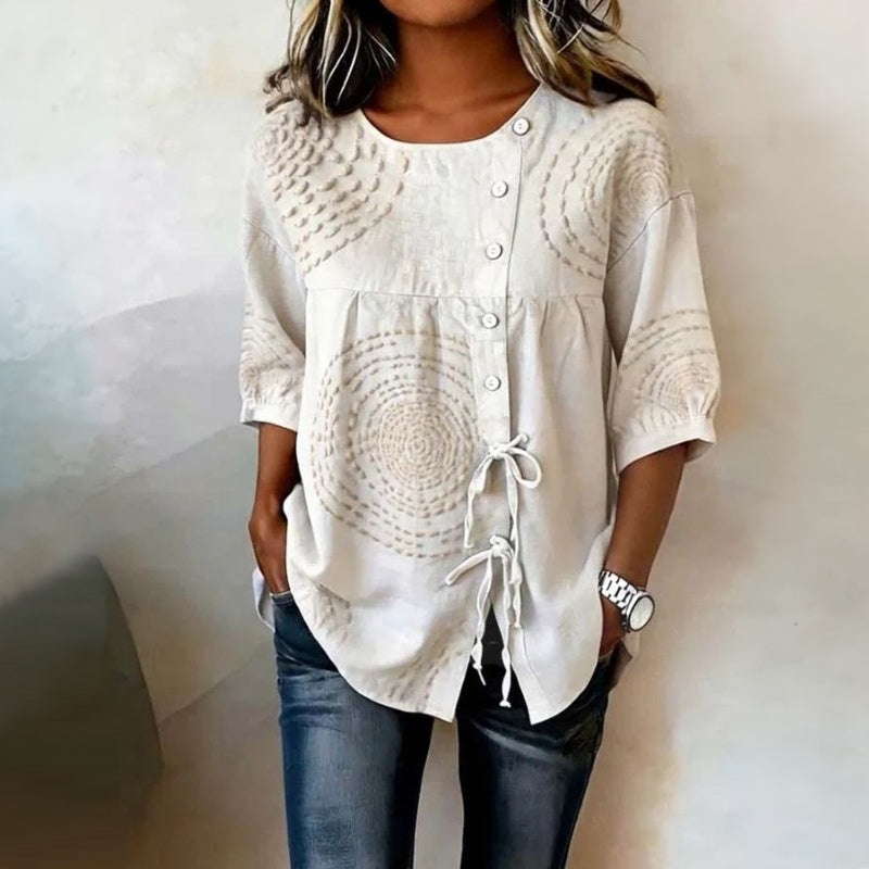 Remedios | Blusa Vintage con Cordones y Estampado Artesanal