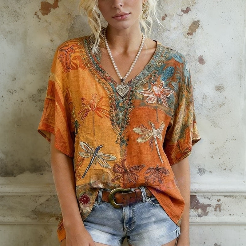 Tere | Blusa Vintage con Estampado de Libélulas