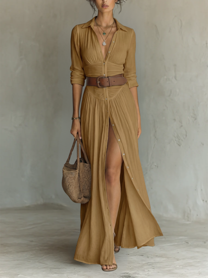 Bienvenida | VESTIDO MAXI LARGO DE LINO CON MANGAS LARGAS