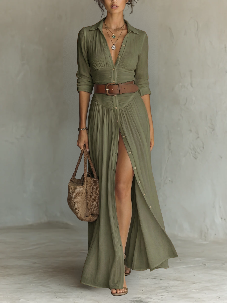Bienvenida | VESTIDO MAXI LARGO DE LINO CON MANGAS LARGAS