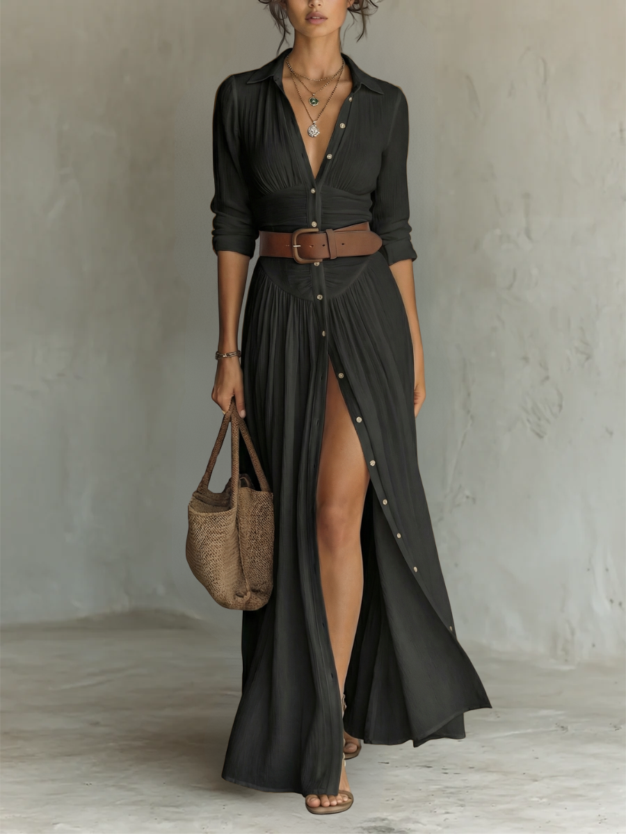 Bienvenida | VESTIDO MAXI LARGO DE LINO CON MANGAS LARGAS