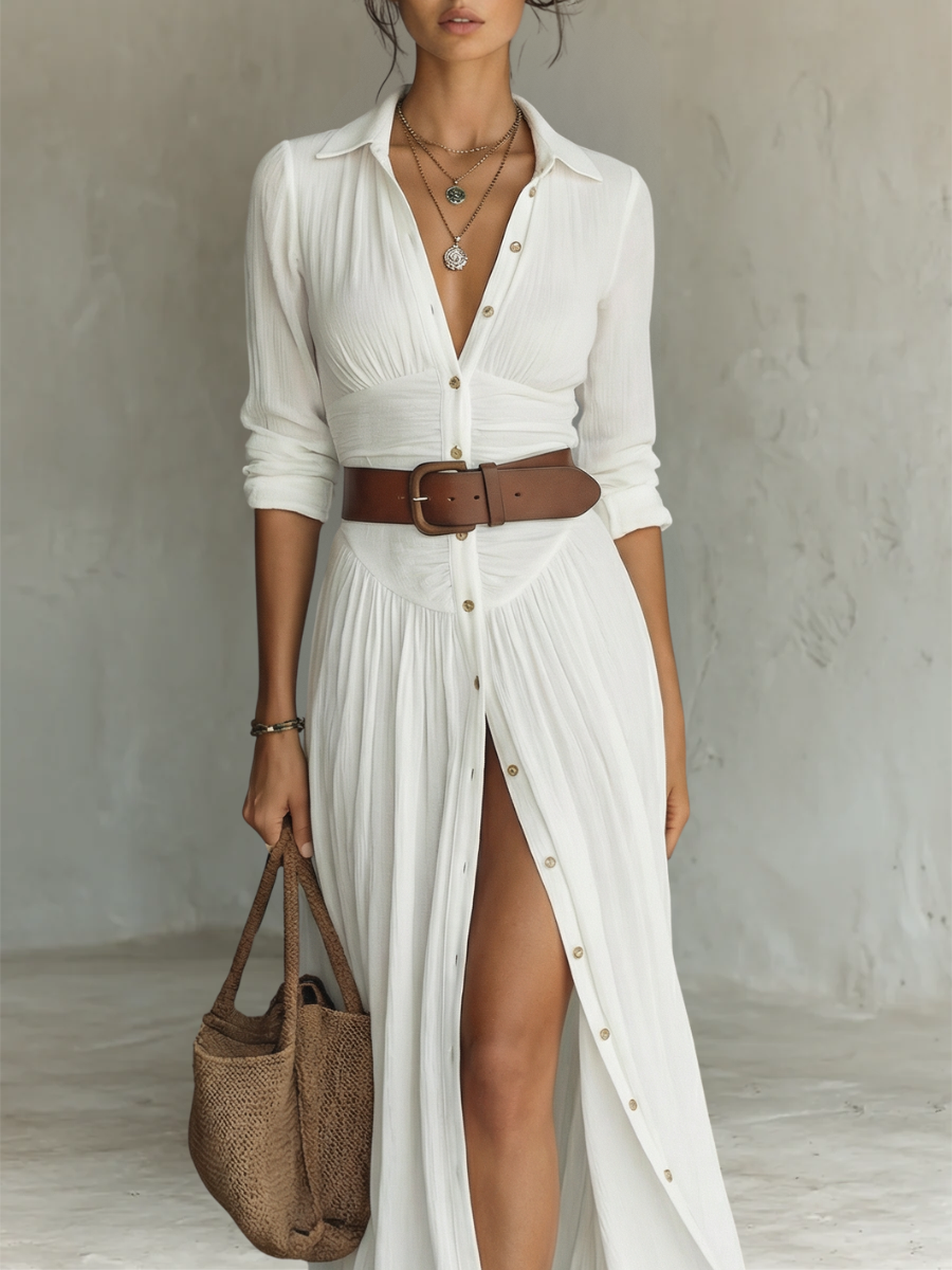 Bienvenida | VESTIDO MAXI LARGO DE LINO CON MANGAS LARGAS