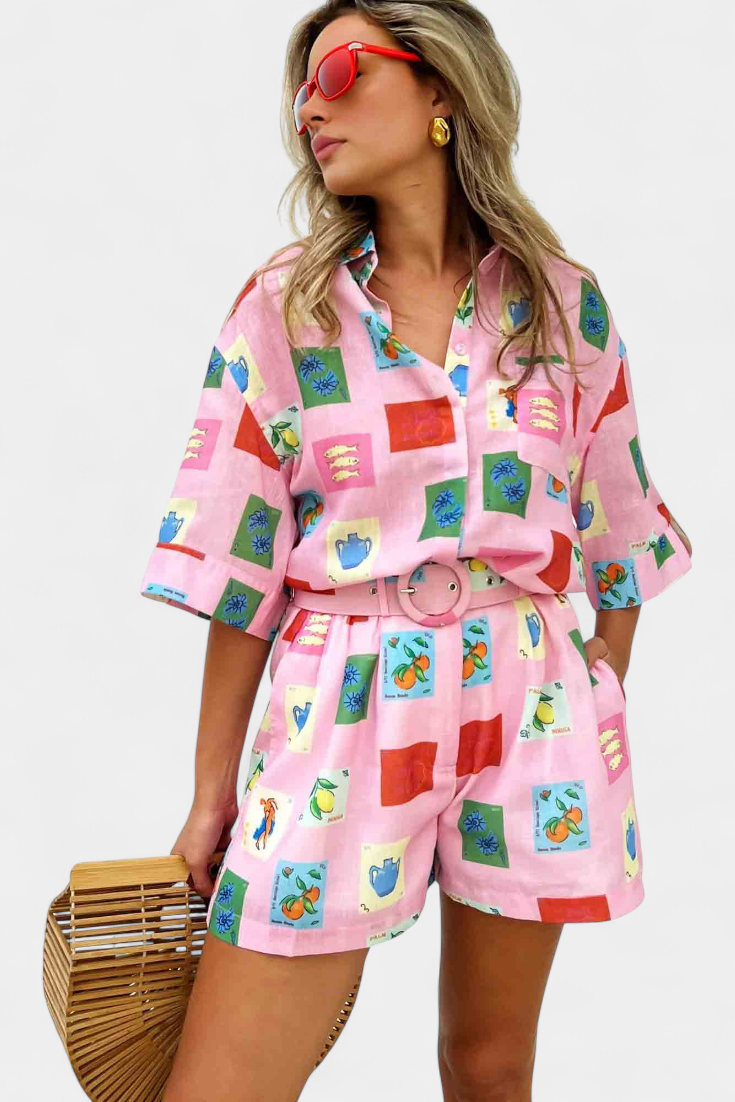 Mariluz | Conjunto de Camisa y Shorts con Estampado Rosa