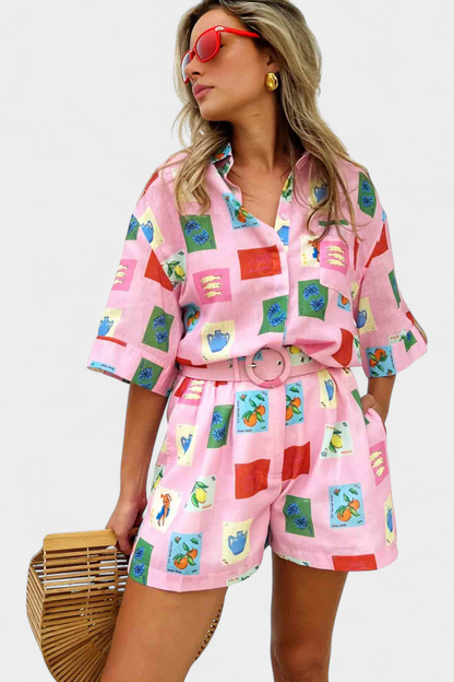 Mariluz | Conjunto de Camisa y Shorts con Estampado Rosa