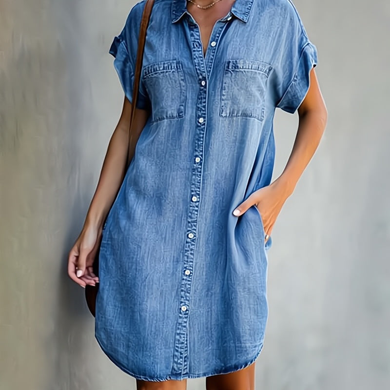 Ângela-Iara | Vestido chemise corto de manga corta con botonadura