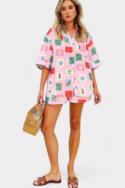 Mariluz | Conjunto de Camisa y Shorts con Estampado Rosa