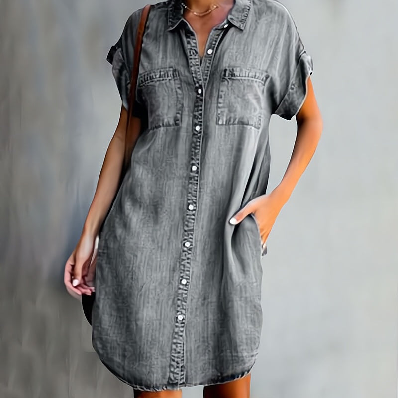 Ângela-Iara | Vestido chemise corto de manga corta con botonadura