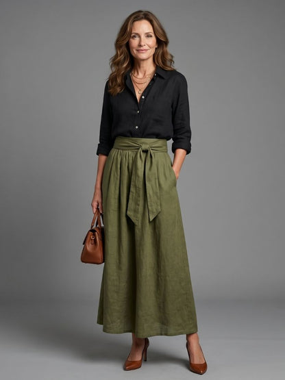 Yara-Rita | Conjunto Blusa Negra y Falda Midi Verde Oliva