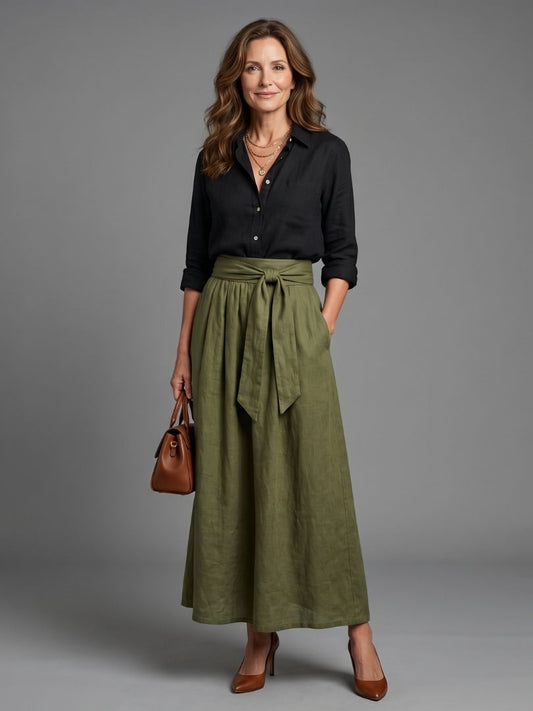 Yara-Rita | Conjunto Blusa Negra y Falda Midi Verde Oliva