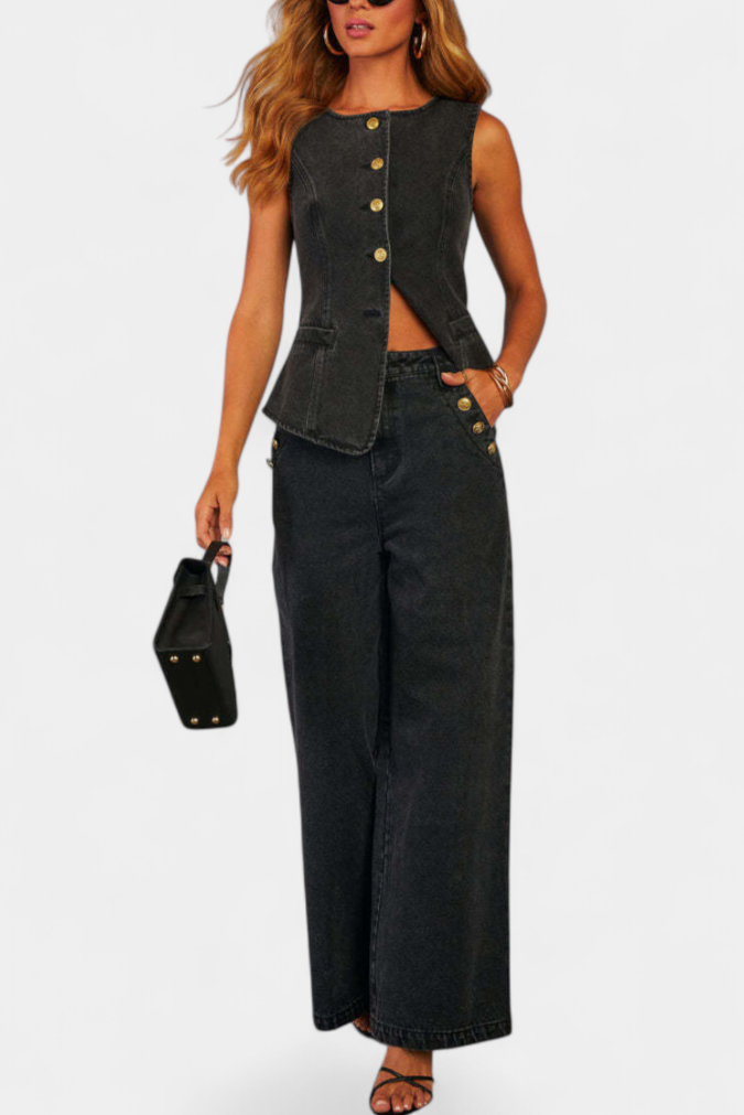 Ludovica | Conjunto de Denim con Chaleco Ajustado y Jeans de Pierna Ancha